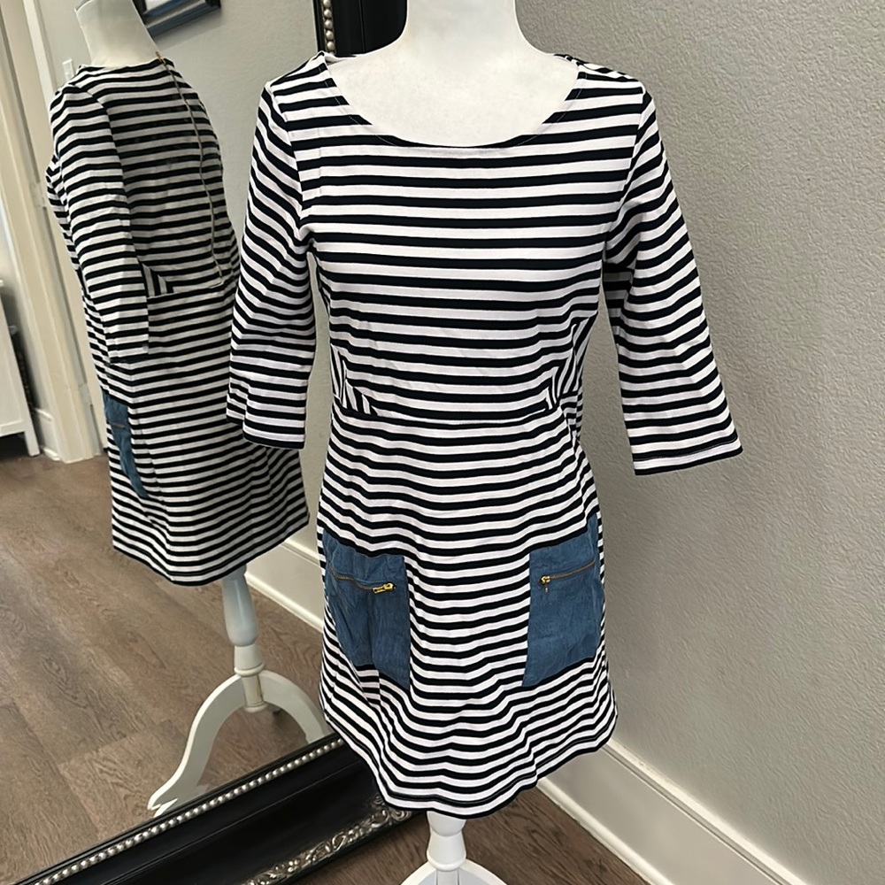 ✨NEW✨NWT Anthropologie Tabitha Navy White Striped Midi Dress 👗Size 8 Medium
